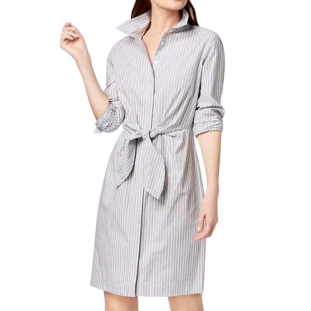 Calvin Klein Gray and White Striped Tie-Waist Shirt Dress - Picture 6 of 6